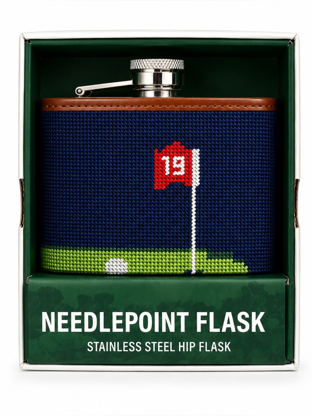 Needlepoint Golf Flag Stainless Steel Flask - Navy & Brown